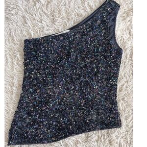 HARRISON MORGAN LILLIE RUBIN Sequin One Shoulder Top Silk Size 10 Blk Iridescent
